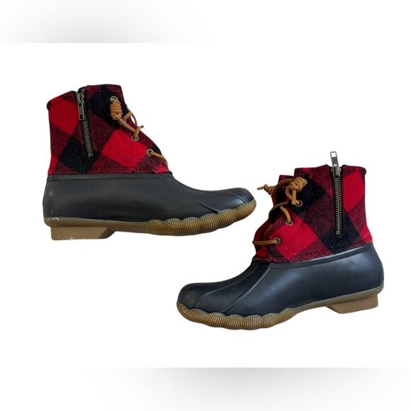 Sperry Women’s Saltwater buffalo check duck boots red/black size 8 - Picture 2 of 8